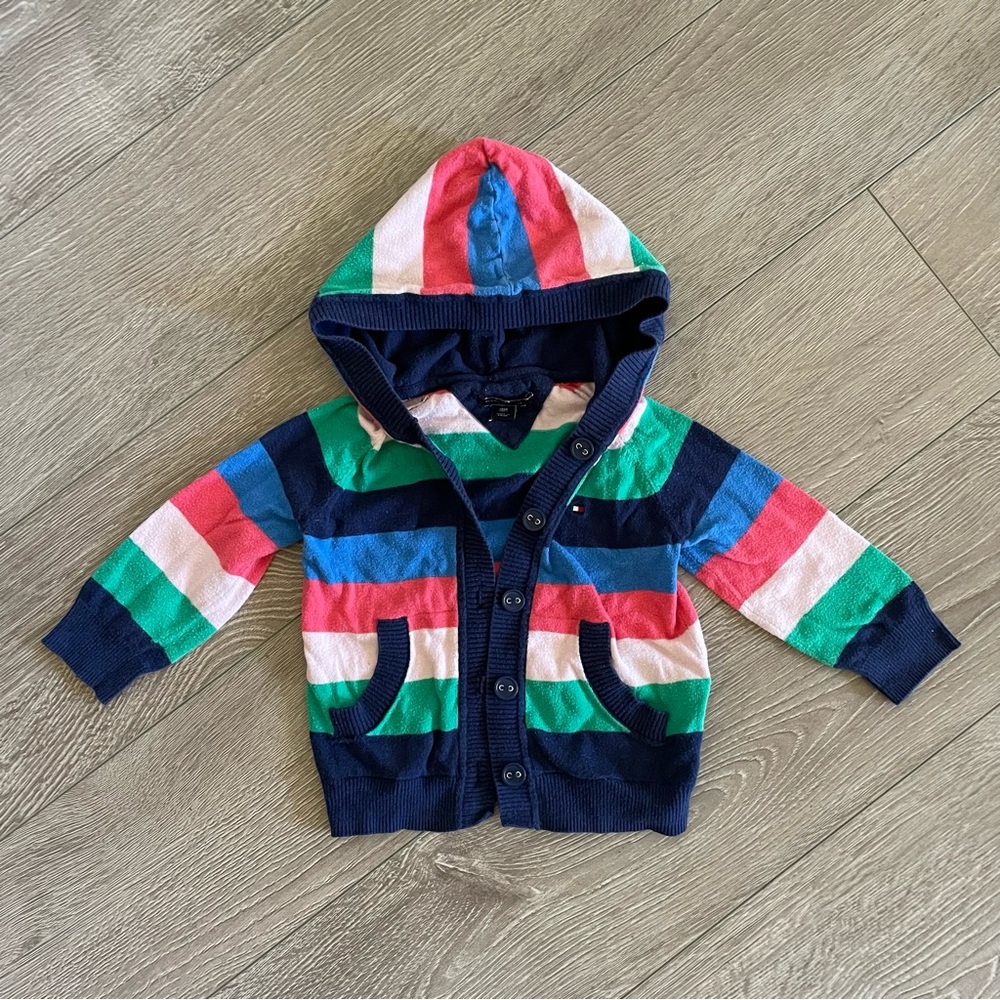 Tommy Hilfiger Baby Boy Color Block Cardigan Button Down Hooded Sweater 18M